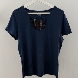 Eileen Fisher Navy Blue Beaded Short Sleeve Tee